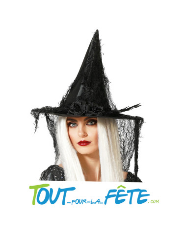 Chapeau de sorcière avec fleur noire détails en toile d'araignée