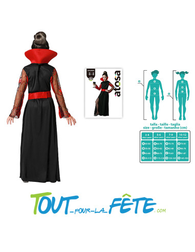 Costume de vampiresse taille enfant robe longue avec col haut et ceinture