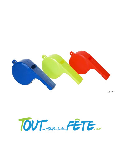 Lot de 3 sifflets géants bleu, jaune, orange 11 cm