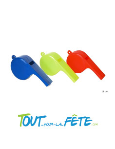 Lot de 3 sifflets géants bleu, jaune, orange 11 cm