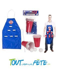 Tablier beer pong bleu 6 verres rouges 450ml et 4 balles de ping-pong