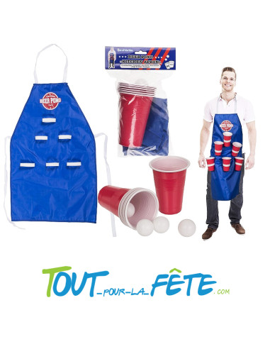 Tablier beer pong bleu 6 verres rouges 450ml et 4 balles de ping-pong