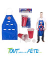 Tablier beer pong bleu 6 verres rouges 450ml et 4 balles de ping-pong