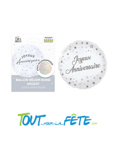 Ballon aluminium rond joyeux anniversaire argent holographique 35 cm