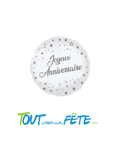 Ballon aluminium rond joyeux anniversaire argent holographique 35 cm