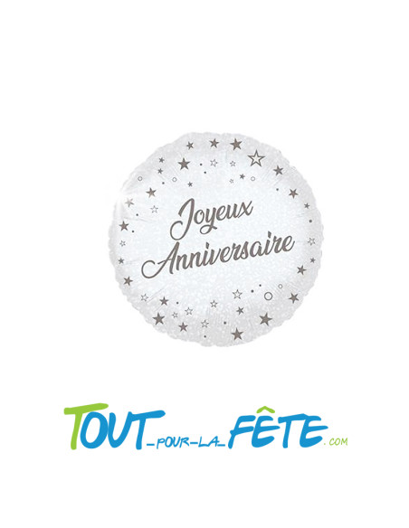 Ballon aluminium rond joyeux anniversaire argent holographique 35 cm