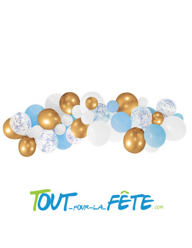 Kit arche à 50 ballons Bleu Ciel, Blanc et Or...