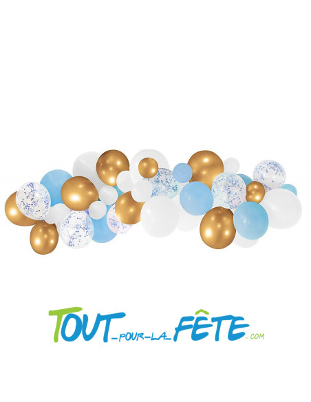 Kit arche à 50 ballons Bleu Ciel, Blanc et Or pour décoration anniversaire