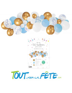 Kit arche à 50 ballons Bleu Ciel, Blanc et Or pour...