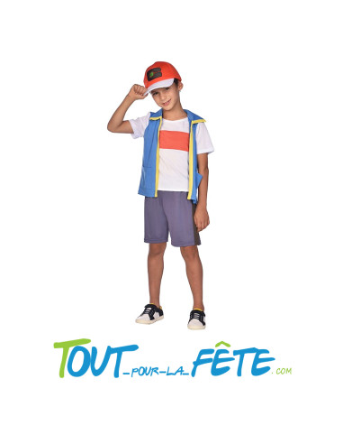 Déguisement dresseur de Pokemon Sacha taille enfant top, short, casquette