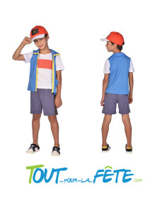 Déguisement dresseur de Pokemon Sacha taille enfant top, short, casquette 2