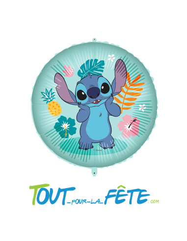 Ballon aluminium rond Stitch Hawai 46cm gonflage air ou hélium