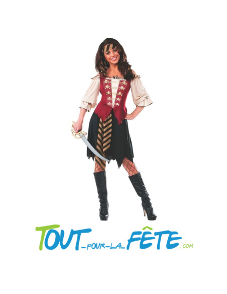 Déguisement de pirate femme taille adulte, foulard, jupe-cravate assortie et robe