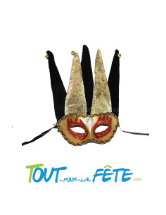 Masque vénitien doré et rouge à 5 cornes et grelots bal masqué vénitien