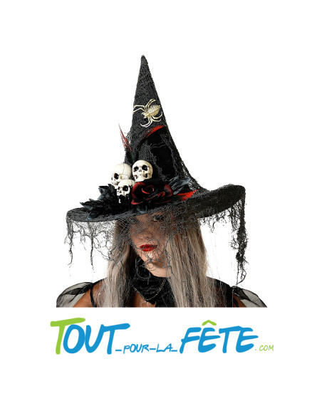Chapeau de sorcière avec plusieurs araignée, cranes et fleurs noires