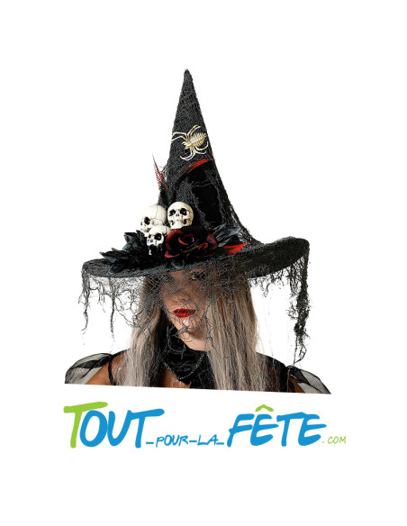 Chapeau de sorcière avec plusieurs araignée, cranes et fleurs noires