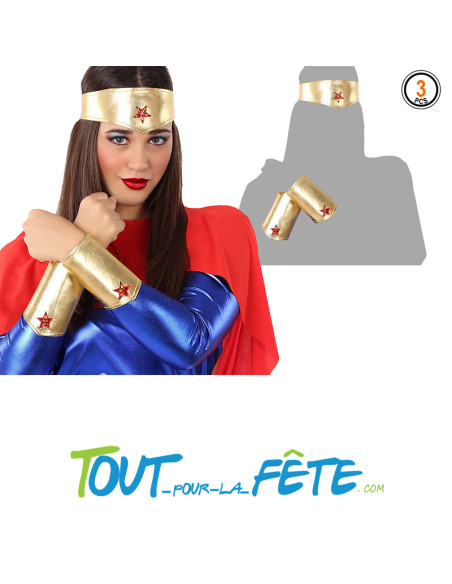 Set super héroïne pour femme or avec étoile rouge ( 2 bracelets - 1 diadème )