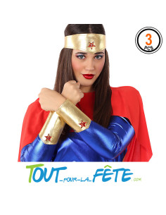 Set super héroïne pour femme or avec étoile rouge ( 2 bracelets - 1 diadème )