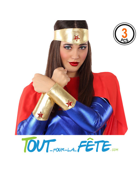 Set super héroïne pour femme or avec étoile rouge ( 2 bracelets - 1 diadème )