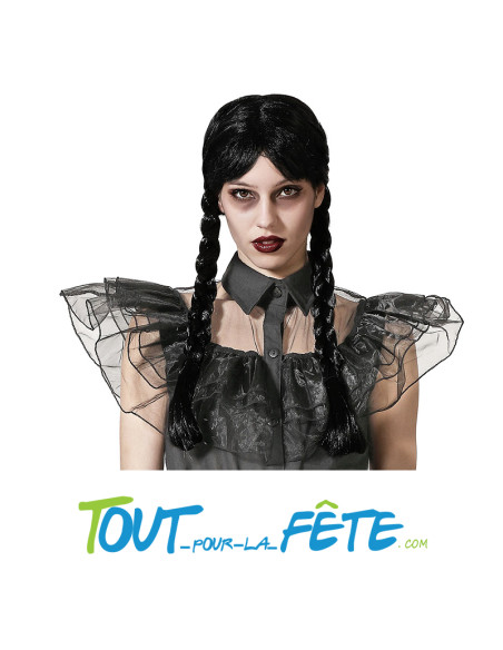 Perruque tresse noir Mercredi Addams 2 couettes avec filet extensible