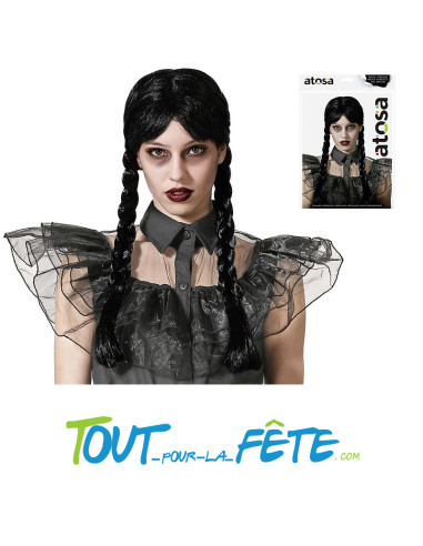 Perruque tresse noir Mercredi Addams 2 couettes...