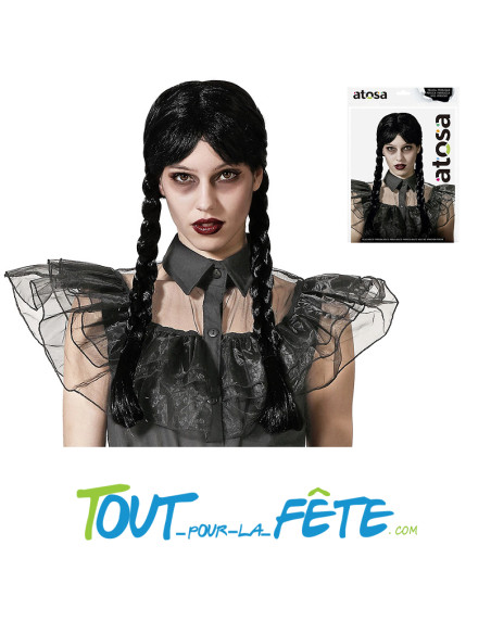 Perruque tresse noir Mercredi Addams 2 couettes avec filet extensible