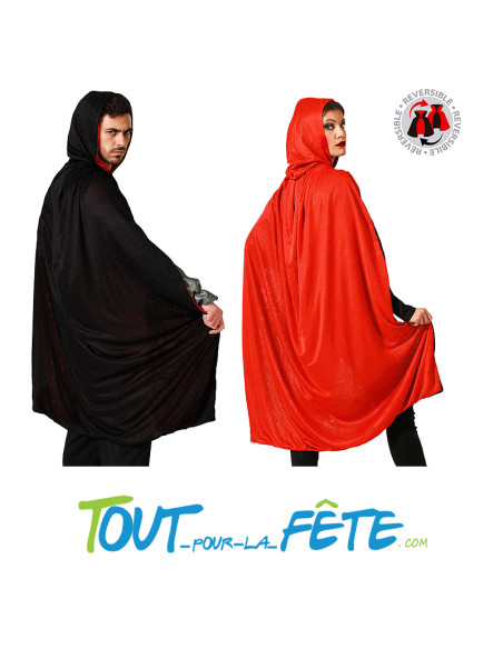 Cape à capuche réversible rouge et noir 120 cm de longueur taille unique