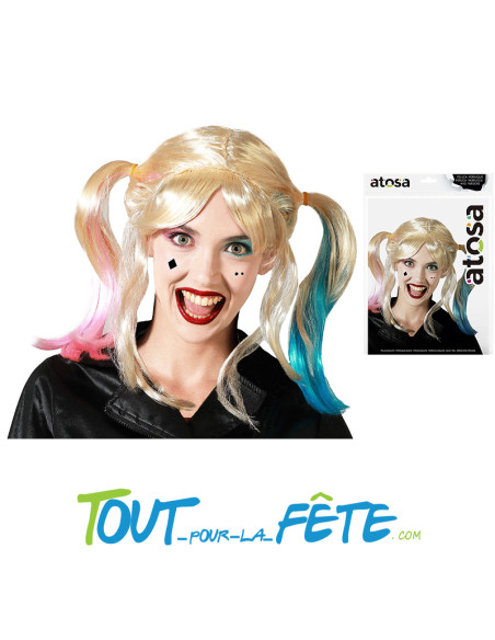Perruque Harley quinn blonde, rose, bleu "Suicide Squad" taille adulte