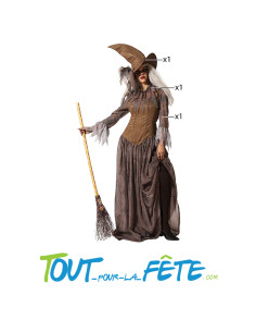 Déguisement de sorcière marron femme chapeau, accessoire pour le cou et robe 2