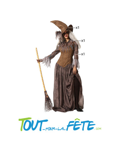 Déguisement de sorcière marron femme chapeau, accessoire pour le cou et robe