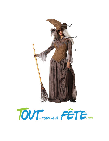 Déguisement de sorcière marron femme chapeau, accessoire pour le cou et robe