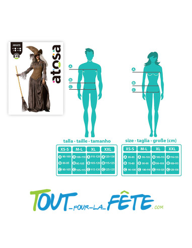 Déguisement de sorcière marron femme chapeau, accessoire pour le cou et robe