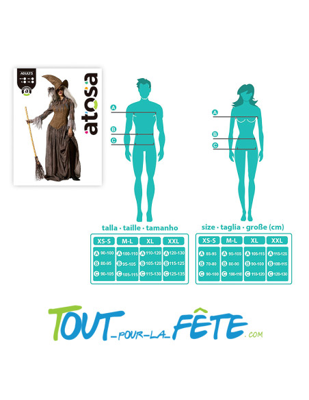 Déguisement de sorcière marron femme chapeau, accessoire pour le cou et robe