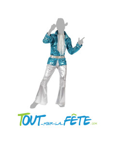 Déguisement disco bleu et blanc (Veste, pantalon, ceinture, foulard) adulte