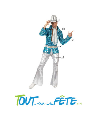Déguisement disco bleu et blanc (Veste, pantalon, ceinture, foulard) adulte