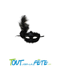 masque / loup noir avec plume, rose et dentelle bal masqué, carnaval