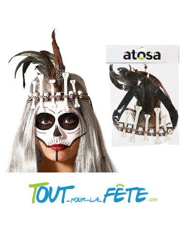 Bandeau vaudou noir avec crane, os et plumes costumes de chaman vaudou