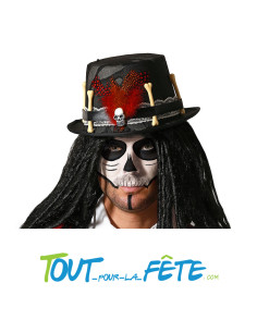Chapeau steampunk vaudou noir avec crane, os et plume chaman vaudou