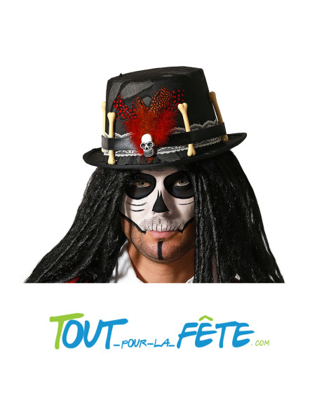 Chapeau steampunk vaudou noir avec crane, os et plume chaman vaudou