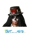 Chapeau steampunk vaudou noir avec crane, os et plume chaman vaudou