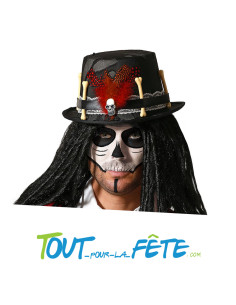 Chapeau steampunk vaudou noir avec crane, os et plume chaman vaudou 2