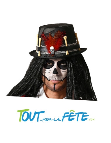Chapeau steampunk vaudou noir avec crane, os et plume chaman vaudou