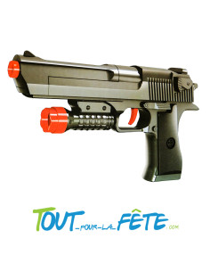 Pistolet noir 25 cm avec 2 fléchettes ventouses et 5 balles en plastique
