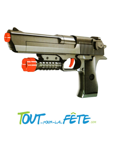 Pistolet noir 25 cm avec 2 fléchettes ventouses et 5 balles en plastique
