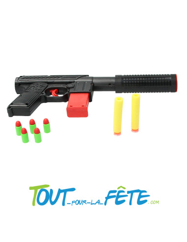 Pistolet noir 31 cm avec 2 fléchettes ventouses et 5 balles en plastique