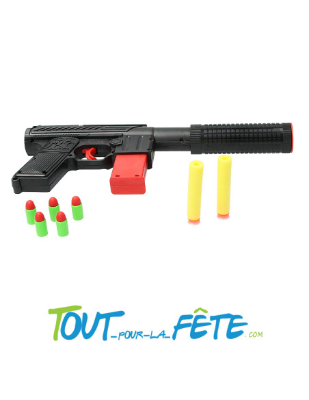 Pistolet noir 31 cm avec 2 fléchettes ventouses et 5 balles en plastique