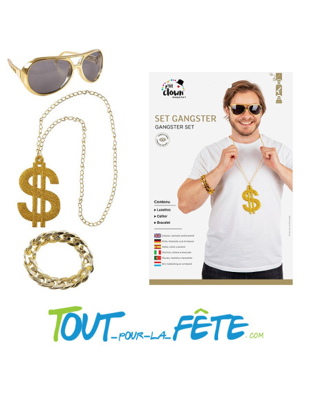 Set gangster / rappeur (lunettes, collier, bracelet) couleur or
