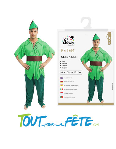 Déguisement de Peter pan taille adulte haut, pantalon, ceinture, chapeau