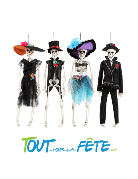 Squelette a suspendre day of the dead 43 cm robe noir avec chapeau orange