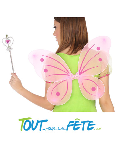 Kit ailes de papillon rose + baguette de fée en forme de coeur taille unique